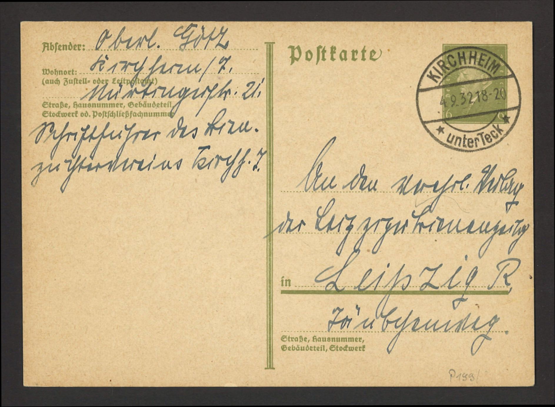 Deutsches Reich Ganzsache Postkarte P Stempel Kirchheim Unter